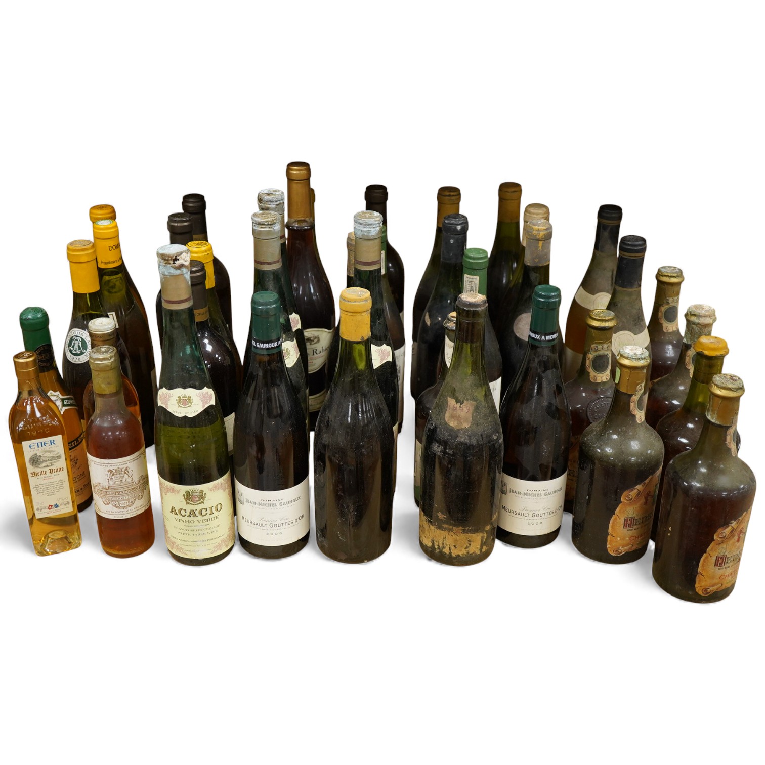 A large group of mixed white wines including two bottles Chablis Les Clos Grand Cru 1966, five bottles Château Chalon 1961, two others 1974, 1976, Louis Latour Montagny 1er Cru 1997, Montrachet 1978, various Chardonnay,